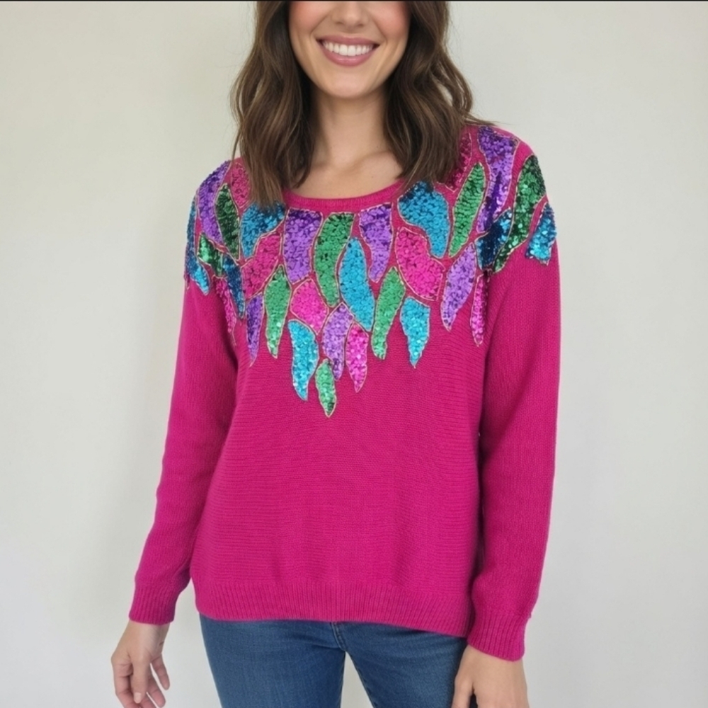 Victoria Jones Petite Magenta Knit Sweater with Vibrant Multicolor Sequins